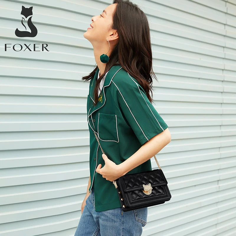 FOXER Women Split Leather Messenger Bags New Designe Lady Stylish Chains Lattice Shoulder Crossbody Bag Female Classical Flap