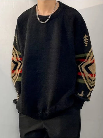 Autumn Men's Ethnic Style O-Neck Knitted Sweaters Y2K Vintage Streetwear Knitwear 2025 New Casual Pattern Printed pull homme