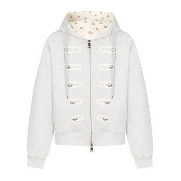 Coquette Zip Up Hoodie Women Decorative Double Row Metal Buttons Floral Print Lined Loose Fit Y2K Casual Streetwear Sweatshirt