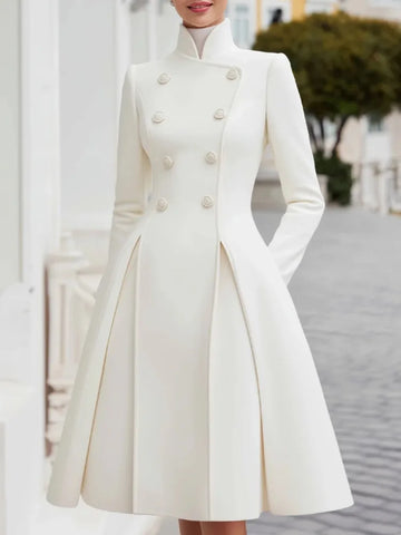 Yeezzi Women's British Style Buttoned Stand Collar Overcoat Midi Dresses Long Sleeves High Waisted Pleated Evening A-line Dress