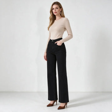 Women High Waist Black Flared Stretch Jeans, Loose Fit Denim Pants with Stitching Details, Elegant Casual Fashion Trousers for All Seasons, Sizes XS-XL Fx1338-1