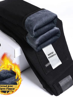 Winter Warm Fleece Black Men's Jeans Stretch Solid Color Denim Pants Work Business Classic Flocking Brushed Trouser Plus Size 40