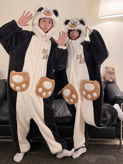 Panda Onesie Nightwear For Winter Coral Warm Hooded Sleepwear Women Men Cartoon Cute One-Piece Pajamas Party Loungewear