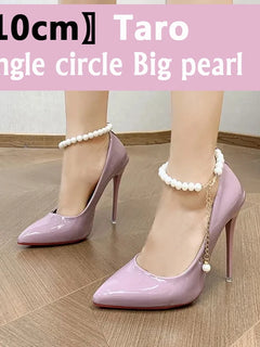 Baby Pink 12cm Thin Stiletto Wedding Sexy Pointed Toe Patent Leather Long Pearl Bead Strips Heels Pumps Women Shoes Party Shoes