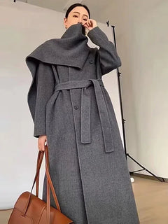 Luxury Hand-sewn Double-sided Cashmere Wool Coat Women New Mid-length Scarf Collar Loose Lace-up Warm Wool Coat Fashion Winter