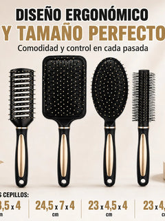 Set of 4 Professional Hairbrushes for Detangling and Styling, Set of Pneumatic and Skeleton Brushes for Straight, Curly or Wavy Hair, Black with Gold