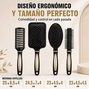 Set of 4 Professional Hairbrushes for Detangling and Styling, Set of Pneumatic and Skeleton Brushes for Straight, Curly or Wavy Hair, Black with Gold