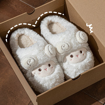 Cute Little Sheep Plush Slippers Women Winter Warm Thick Soft Sole House Shoes Indoor Fuzzy Non-Slip Comfortable Home Slides