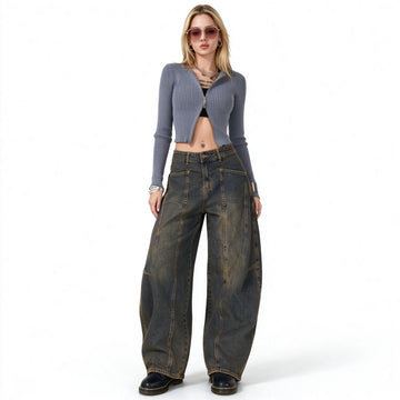 Women’s High-Waisted Wide-Leg Curved Jeans, Rust-Brown Vintage-Wash Denim with Vertical Stitching and Front Pockets, Casual Retro-Style Trousers for Everyday Wear YW-1855