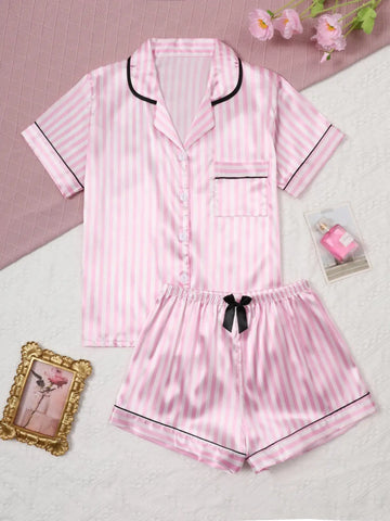 Pigiama da donna in raso di seta Set da studente a maniche corte Homewear Cardigan in due pezzi Risvolto Senso senior di strisce rosa di grandi dimensioni platinumshop