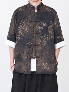 Camicie da uomo estive di lusso in jacquard con foglie di bambù, camicia a maniche corte da uomo in stile cinese tradizionale, camicia casual da uomo per Kung Fu e Tai Chi