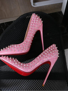 Tacchi alti tempestati di rosa, alla moda, bocca ultra poco profonda, punta a punta, tacco sottile, cielo odio, stile punk alto, 12 cm