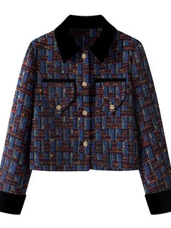 Autumn Winter Ladies Small Fragrant style Short Jacket French Vintage Women Lapel Tops Female Splicing Coarse floral woolen Coat