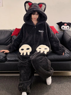 Cartoon Devil Pajamas Couples Women Men Onesie Sleepwear Winter Thicken Hooded Loungewear Coral Fleece Homewear Pijama Disfraz