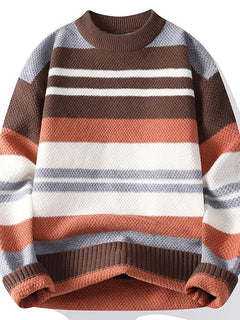 Autumn Winter Warm Casual Pullovers Men Knitted Sweater Fashion Patchwork Striped Loose Hip Hop Knit Streetwear Pull On Sweaters