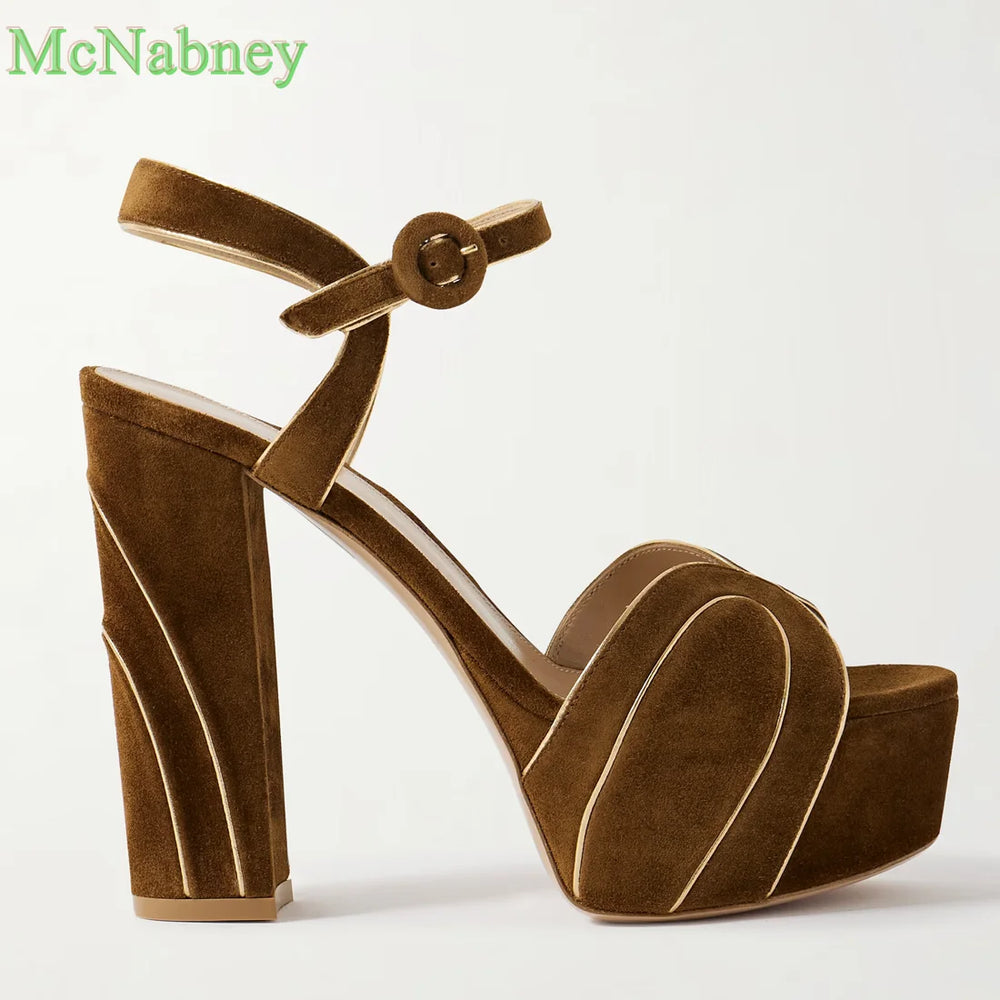 Brown Metallic Leather-trimmed Suede Platform Sandals Round Open Toe Chunky High Heels Ankle Strap Buckle Summer Shoes Luxury