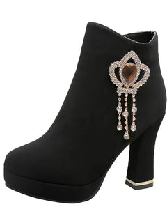 Fashionable Women's Red Wedding Shoes Autumn/winter Fleece-lined Thick Heel Short Boots Cotton Round Head Warm High Heels