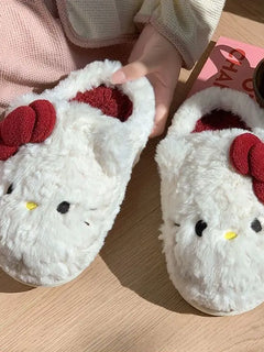San-Rio Cute Girls Plush Slippers Cartoon Hello Kitty Winter Women Warm Cotton Shoes Female Kawaii Home Thick Sole Shoes Outdoor