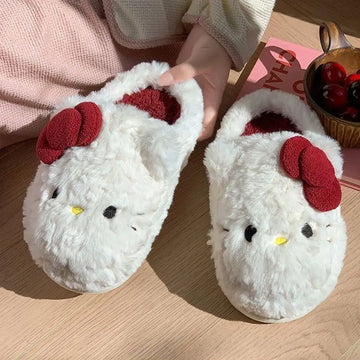 San-Rio Cute Girls Plush Slippers Cartoon Hello Kitty Winter Women Warm Cotton Shoes Female Kawaii Home Thick Sole Shoes Outdoor