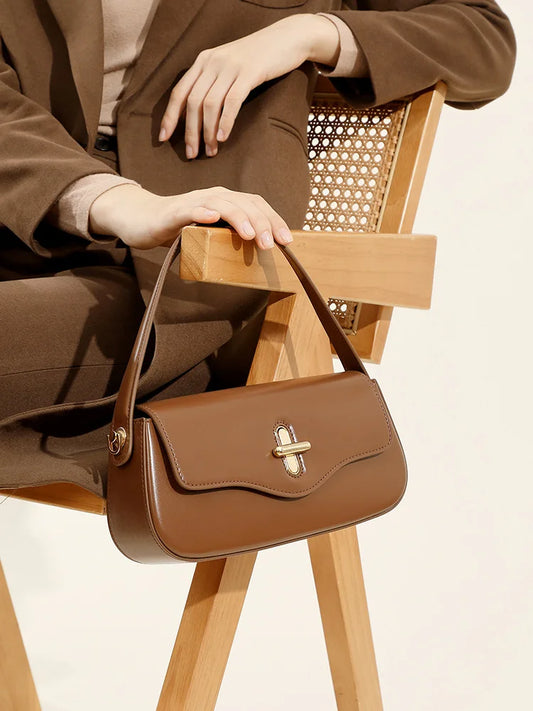 2025 Elegant Genuine Leather Baguette Handbag for Women Top-Handle Shoulder Bag with Detachable Strap Crossbody Underarm Purse