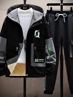 Fashion 2-Piece Men's Sets Clothing Hooded Fleece Jackets And Full-Length Pant 2025 Autumn Winter Youth Warm Plush Coat & Jogger