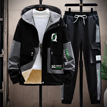 Fashion 2-Piece Men's Sets Clothing Hooded Fleece Jackets And Full-Length Pant 2025 Autumn Winter Youth Warm Plush Coat & Jogger