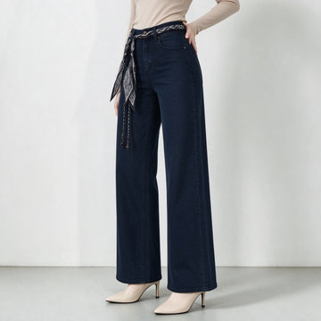 Women's Dark Blue Wide Leg Jeans, High Waist with Decorative Scarf Band, Comfortable Denim Urban Casual Style, All-Season Pants,Fx1338-7