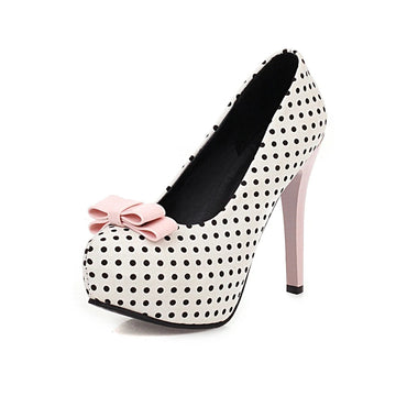 Sexy Super High Heels Women Platform Pumps Polka dot Bow Party Dress Shoes Woman Elegant Wedding Shoes Female 12cm Stilettos PlatiNum