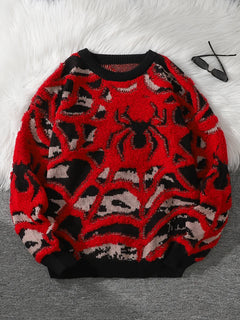 Autumn and Winter Velvet Spider Jacquard Double-Sided Pattern Pullover Sweater Casual Round-Neck Knit Men's Pullover Sweater Suitable for Daily Wear, Unisex Outerwear