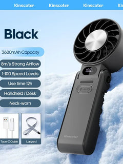 Ventilatore Portatile ad Alta Velocità con Raffreddamento Rapido, Ricaricabile 3600mAh, 100 Velocità Regolabili, Mini Ventilatore Pieghevole Turbo e Cordino
