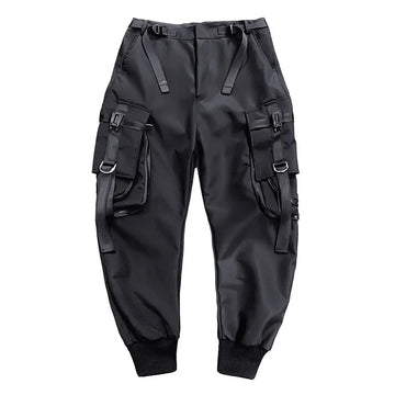 Hip Hop Tactical Cargo Pants Men Multi Pocket Ribbon Design Joggers Trousers 2023 Spring Functional Elastic Waist Pant Black