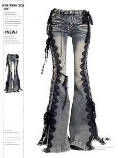 Women Dark Academia Goblin Core Harajuku Y2K Low Rise Lace Jeans Abi Denim Flare Pants Bell-Bottom Y2k Japanese Goth Gyaru Kpop