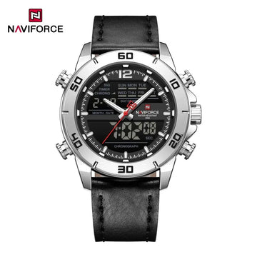 NAVIFORCE Orologio alla moda da uomo con cinturino in vera pelle Movimento al quarzo resistente all'acqua 30M Display luminoso con giorno e data F platinumshop