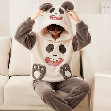 Cute Pajamas Set 2 Pieces Women Sleepwear Warm Winter Thick Coral Fleece Hooded Cartoon Girls Homewear Animal Pajamas Nighties