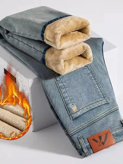 Winter Fleecy Thickened Warm Jeans Vintage Brand Classic Retro Youth Fashion Men Fit Straight Leg Casual Stretch Denim Pants
