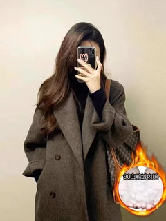 Grey Double-sided Cashmere Coat Women's 2026 Winter New Korean Version Loose Thick Down Woolen Coats Solid Casual Long Overcoat