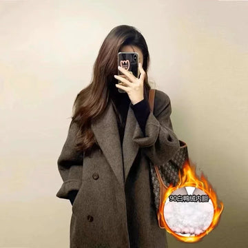 Grey Double-sided Cashmere Coat Women's 2026 Winter New Korean Version Loose Thick Down Woolen Coats Solid Casual Long Overcoat