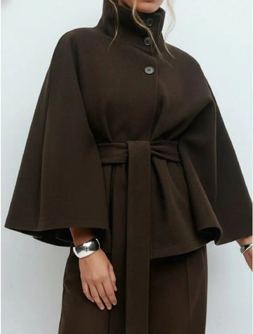 Women's Cape Coat Elegant Stand Collar Belted Solid Color Button Down Autumn Winter Jacket