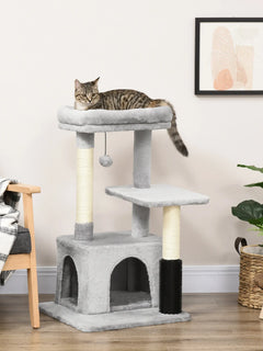 PawHut Albero Tiragraffi per Gatti Multilivello, Albero per Gatti con Palo in Sisal, Lettino e Casetta, Rivestimento in Peluche, Grigio