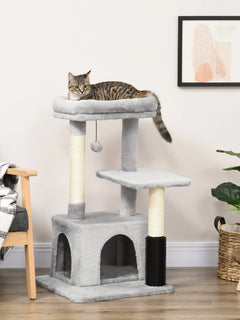 PawHut Albero Tiragraffi per Gatti Multilivello, Albero per Gatti con Palo in Sisal, Lettino e Casetta, Rivestimento in Peluche, Grigio