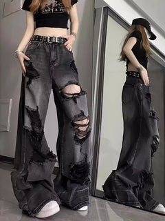 Jeans strappati unici e alla moda da donna, estivi, in stile americano, a zampa d'elefante, vestibilità ampia, versatili, a gamba dritta, lunghi