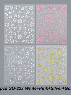 4pcs Hibiscus Flower Nail Art Sticker 3D White Pink Floral Decal Y2K Gold Silver Petal DIY Romantic Self-Adhesive Manicure Decor