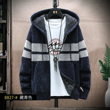 Fleece Thickening Men Cardigan Sweater Autumn Winter Color Block Casual Keep Warm Hooded Coat New Fashion Loose Knitted Tops Men