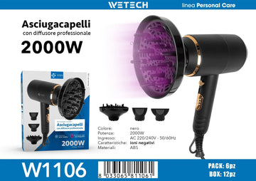 2000W Ionic Hair Blow Dryer With Professional Diffuser & Concentrator Nozzles Quick Dry Hair Care Styling Tool for Home Salon