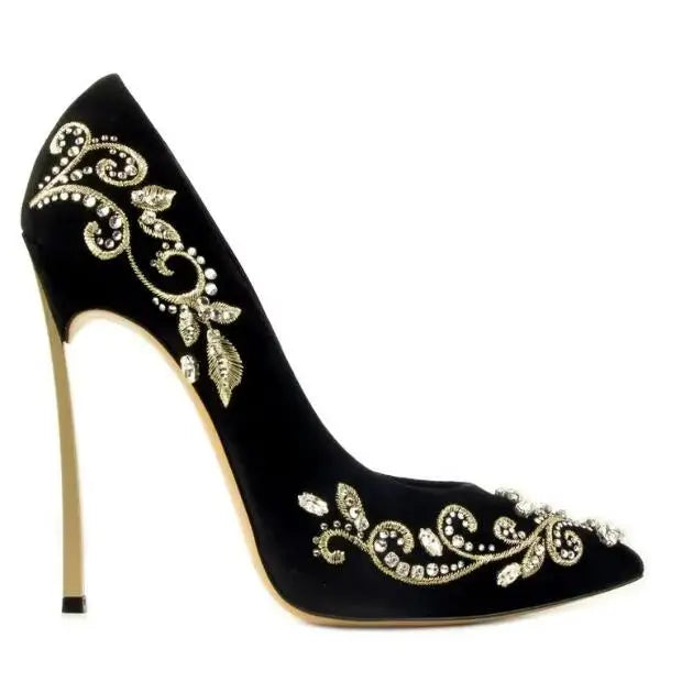 Bling Rhinestone Gold Silver Flower Embroidery Blade Heel Pumps Metal High Heels Crystal Black Suede Pointed Toe Woman Shoes