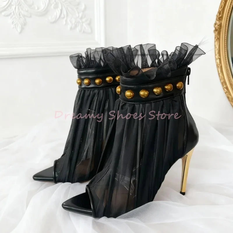 Black Mesh Gold Rivet Stiletto Ankle Boots Women Open Toe Pointed Back Zipper High Heels Sexy Fashion Party Prom Short Boots New