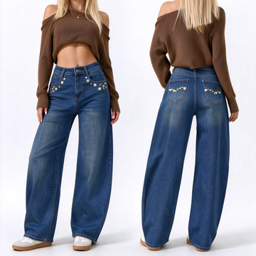 Women’s High-Waisted, Wide-Leg Jeans with Daisy Embroidery on the Pockets, Vintage Blue Denim with Faded Wash, Soft Casual Trousers for Everyday Wear JF-593