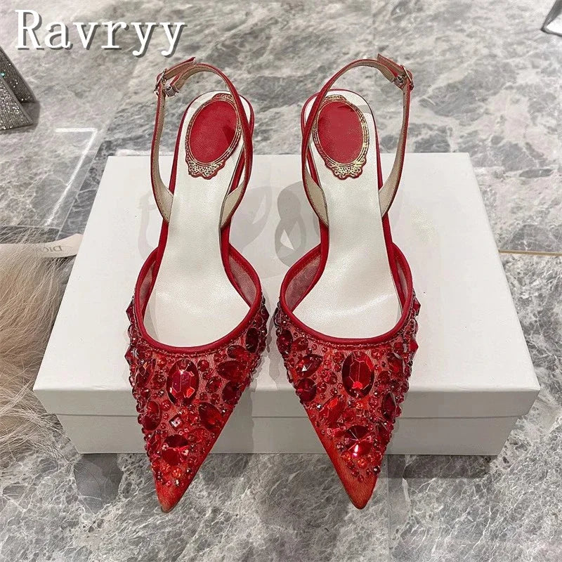 Pointed Toe Lace Crystal Women Pumps New Wedding High Heel Shoes Luxury Design Sexy Bride Party Stiletto Sandals