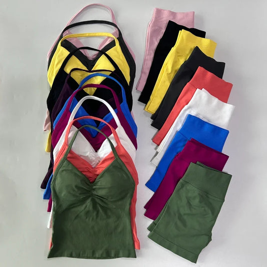 2 Pieces Sports Set Women Backless Tank Tops High Waist Scrunch Seamless Shorts Sport Suit Gym Set Sportswear Workout Set