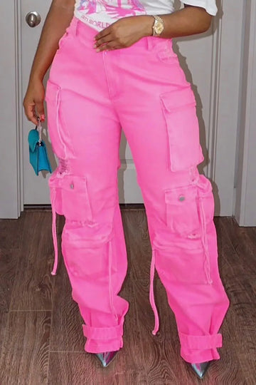 Women's Jeans Cargo Pants Pockets High Waist Y2K Vintage Streetwear Fashion Pink Denim Joggers Plus Size Women Jeans 2024